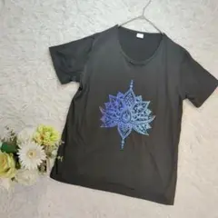 美品 ノーブランド (S→M) ブルーロータスフラワープリントTシャツ 黒