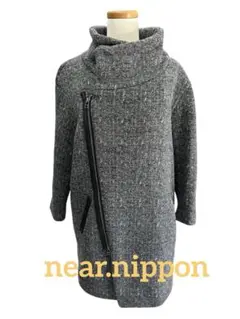 【良好】near.nippon ウール　コート　38 カシミヤ混　ドッキング　紺 良好】near.nippon ウール コート 38 カシミヤ混 ドッキング 紺