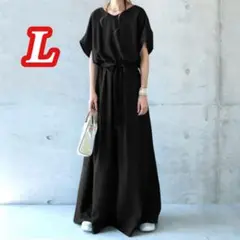 ゆったり 美シルエット ロングワンピース 黒 L半袖 夏 ナチュラル 体型カバー