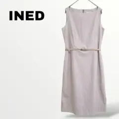 【イネド INED】ノースリーブワンピース ひざ丈 M グレージュ ベルト付き