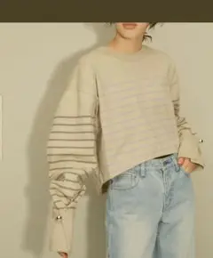アダムエロペ　バスクボーダーコンビロンtee ベージュ