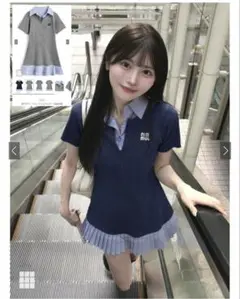 襟付きプリーツニットミニワンピース