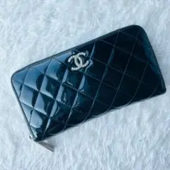 極美品 CHANEL 長財布 ラウンド エナメル ココマーク ブラック