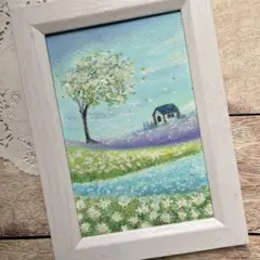 オイルパステル画　そよ風吹く花園　風景画