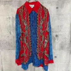 シルクシャツ 総柄 スパンコール 絹 赤 青 90's 00's 古着 柄シャツ