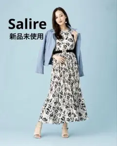 【新品未使用】salire ノースリーブ花柄プリーツロングワンピース ホワイト