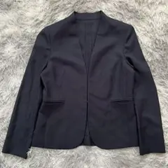 【美品✨】ダークネイビー ノーカラージャケット ストライプ (11号)