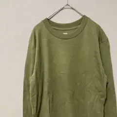 ユニクロ　クルーネック長袖Tシャツ(S)カーキ無地　シンプル肌触り良し