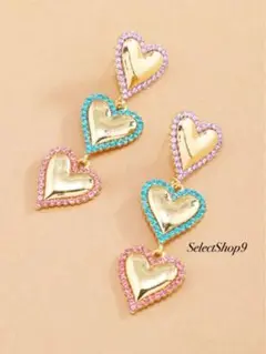 新品未使用品♡3連ハートキラキラカラフルゴールドヴィンテージインポート韓国ピアス