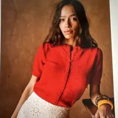 Sezane 半袖カーディガン コーラル（レッド系） オーガニックコットン