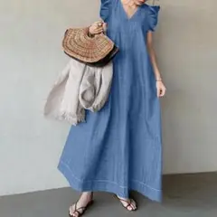 ロングワンピース デニム マキシ丈 Vネック Aライン 夏袖 体型カバー