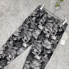 2684 新品★総柄 花柄 レギンスパンツ L 黒 ストレッチ スキニー