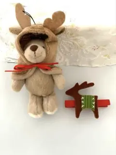 トナカイのポンチョを被ったクマストラップ　テディベア　トナカイピンチ