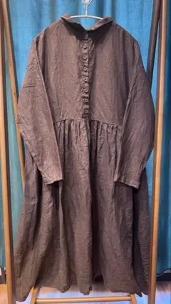 【美品】長袖ギャザーワンピース/FREE/リネン/ブラウン/01194-1354