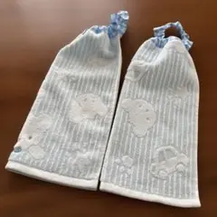おりこうエプロンタオル　ハンドメイド　2枚セット 水色　車　くま
