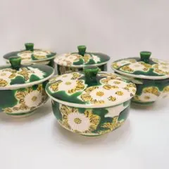 九谷焼 九谷 秀波 蓋付き 湯呑み 5客 花模様 菊 グリーン