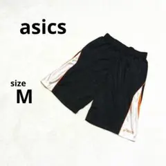 アシックス　ハーフパンツM　黒系　白　オレンジ　丈長め　ウエストゴム　調整ひも