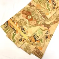 〔◯6480〕着物 丸帯 全通 菊 黄土色 368㎝