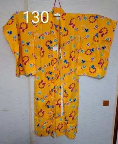 浴衣 130　黄色　花と蝶々柄