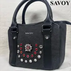【美品】 SAVOY サボイ　トートバッグ　キャンバス　ビジュー　ブラック　総柄