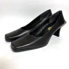 タグ付き JS Heartlavel スクエアトゥ パンプス レザー ブラック
