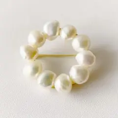 【ハンドメイド】淡水パールのサークルブローチ　大粒　バロック