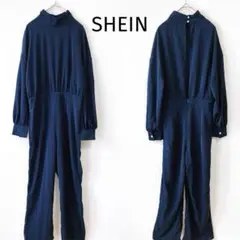 Z【SHEIN＊シーイン】オールインワン S 背中開き 長袖 無地 紺 ネイビー