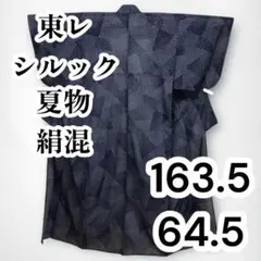 【美品✨】東レシルック　さんび　洗える着物　夏物　小紋　織物風　絹混　黒色　C1