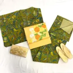 【S196】着物 小紋 正絹 袷 唐花 緑×黄 単品販売♪