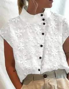 白ブラウス　花柄刺繍　ハイネックシャツ　XL