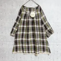 【タグ付き】チェック柄 チュニックワンピース (L) 七分袖 刺繍レース