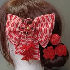 はいからさん風リボンの髪飾り＊つまみ細工　髪飾り　赤