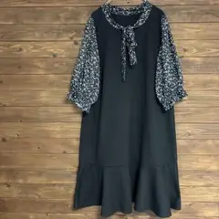 ♦︎【ワンピース】リボン付き黒と花柄ロングワンピース 大きいサイズ 4L