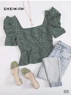 SHEIN VCAY スクエアネック パフスリーブ ペプラムトップ
