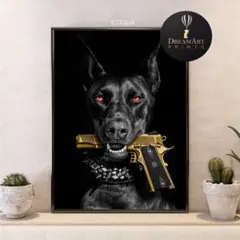 インテリアポスター 黒犬とゴールドモチーフ モノクロ 強め美 存在感 クール感