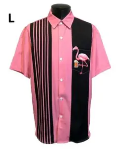 L フラミンゴ 生ジョッキ シャツ 半袖 ピンク オーバーサイズ ロカビリー