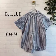 【B.L.U.E】ストライプ柄 コットン 半袖シャツ Mサイズ ブルー