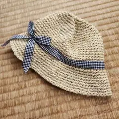 麦わら帽子 ベージュ 黒白チェックリボン
