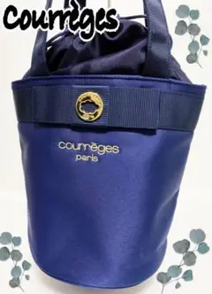 クレージュ Courreges 巾着バッグ リボン柄 美品 ネービー