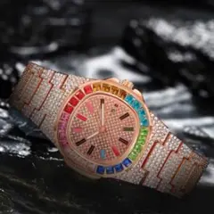 新品 ラグジュアリー ジュエリー腕時計 CZレインボーダイヤ ピンクゴールド