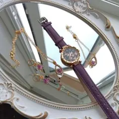 上品なパープルバタフライ腕時計×ピアス×ネックレス×ブレスレットセット