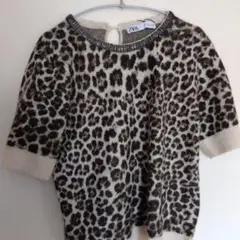 ※未使用※ZARA ヒョウ柄 半袖ニットビジュ Lサイズ