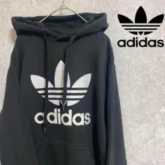 アディダスオリジナルス パーカー 黒 デカロゴ レディースxo 古着 ゆるだぼ