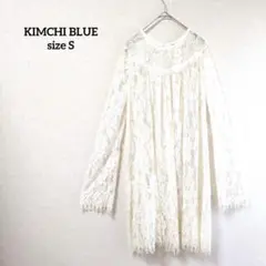 キムチブルー チュニック アイボリー フラワーレース 長袖 可愛い t4331