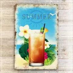 ブリキ看板　SUMMER　南国カクテル片手にビーチでくつろぐイメージ