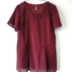 ワインレッド レース装飾 裏生地付き　半袖ブラウス　Lサイズ　美品
