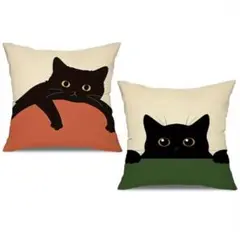 【２枚セット】黒猫デザイン クッションカバー オレンジ　グリーン
