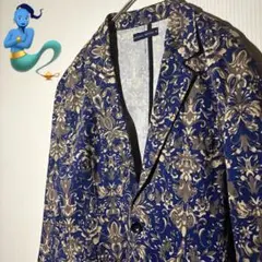 【個性派古着】青と金の花柄 テーラードジャケット　希少　総柄　奇抜　Ｍサイズ