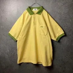 vintage 半袖ポロシャツ　古着　黄色　緑　襟　切り替え　レトロ感