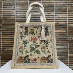 花柄タッセル付きデコパージュジュートバック ハンドメイド